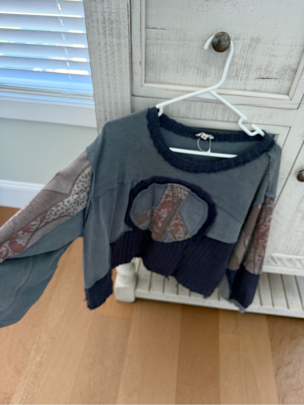 POL Patchwork Crewneck Sweater in Blue and Brown